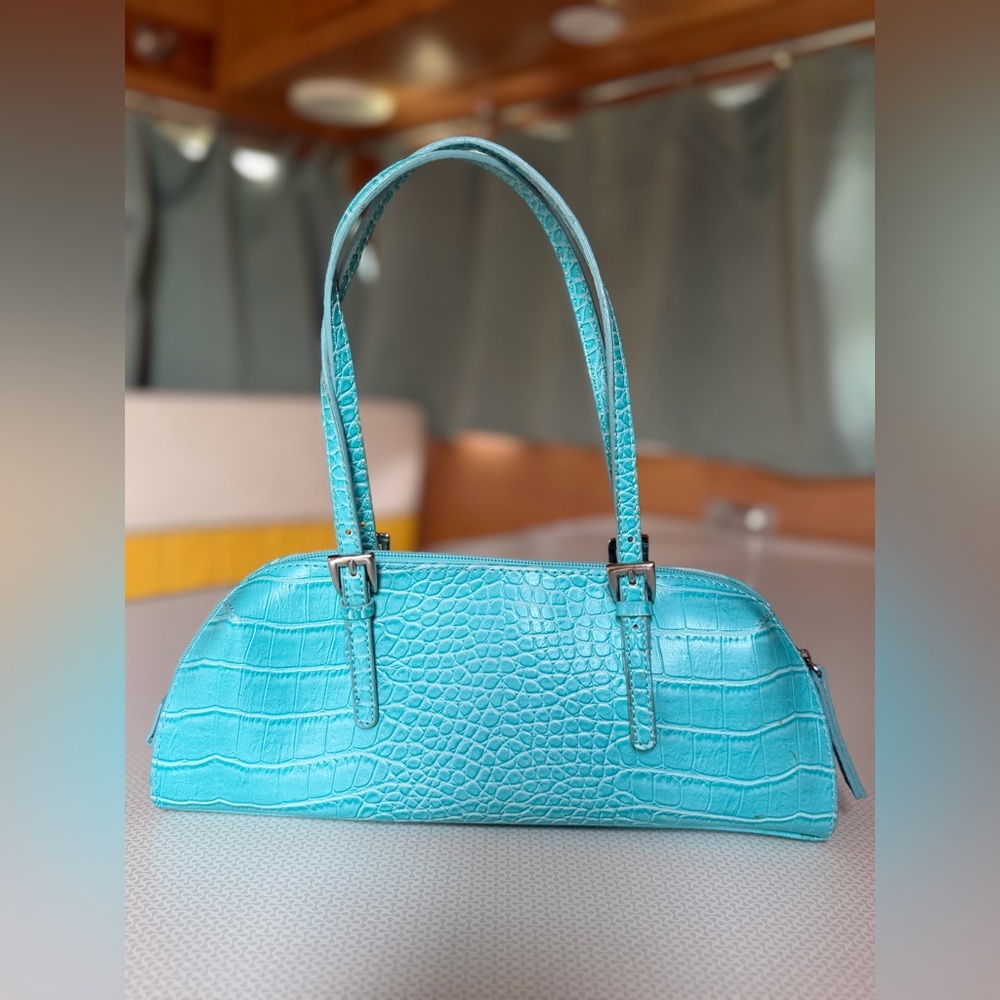 Bisou Bisou Blue Crocodile-Embossed Baguette Bag